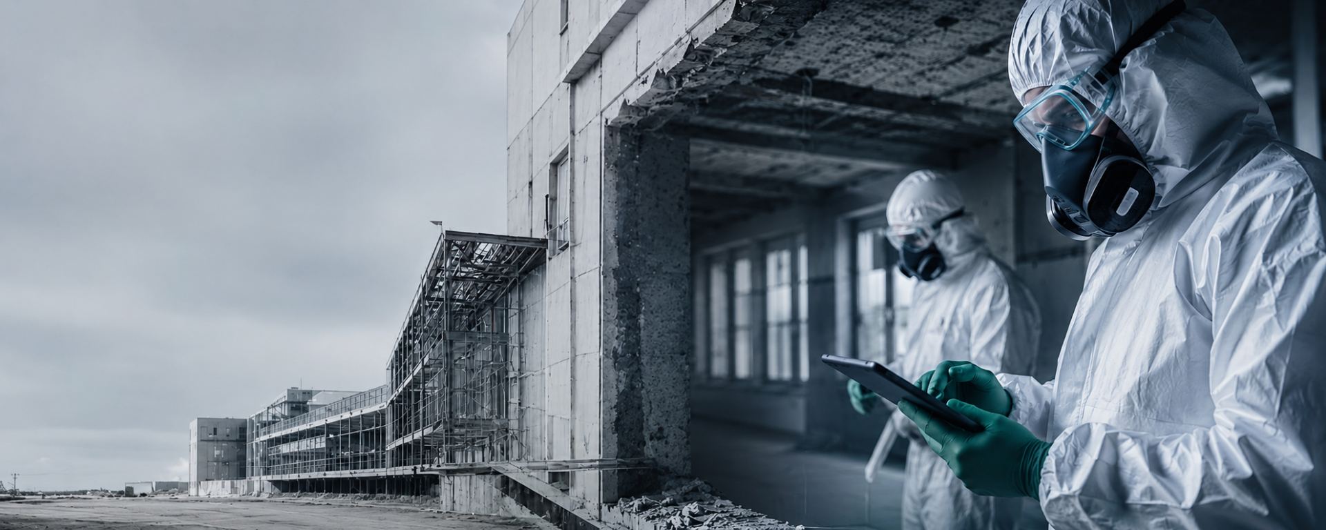 Asbestprüfung mit geschützten Fachkräften in einem Rückbauobjekt